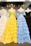 Ndyad Yellow A-Line Sweetheart Long Tiered Prom Dress with Slit HZ1024