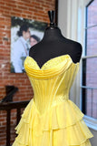 Ndyad Yellow A-Line Sweetheart Long Tiered Prom Dress with Slit HZ1024