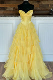 Ndyad Yellow A-Line Sweetheart Long Tiered Prom Dress with Slit HZ1024
