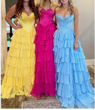 Ndyad Yellow A-Line Sweetheart Long Tiered Prom Dress with Slit HZ1024