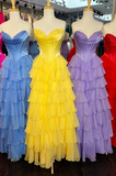 Ndyad Yellow A-Line Sweetheart Long Tiered Prom Dress with Slit HZ1024