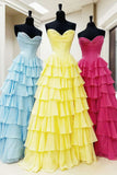 Ndyad Yellow A-Line Sweetheart Long Tiered Prom Dress with Slit HZ1024