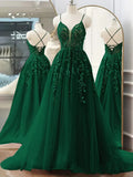 Ndyad Green A-Line Tulle Lace Long Prom Dress V Neck Lace Formal Evening Dress HZ1024