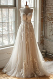 Ndyad White A-Line Sweetheart Neck Tulle Beaded Long Prom Dress Simple Applique Wedding Dress HZ1024