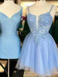 Ndyad Blue Spaghetti Strap Tulle Beaded Short Prom Dress, Cute Applique Homecoming Dress HZ1024