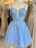 Ndyad Blue Spaghetti Strap Tulle Beaded Short Prom Dress, Cute Applique Homecoming Dress HZ1024