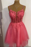 Ndyad Blue Spaghetti Strap Tulle Beaded Short Prom Dress, Cute Applique Homecoming Dress HZ1024