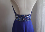 Ndyad Blue A-Line Halter Chiffon Satin Long Prom Dress V-neck Beaded Birthday Party Dress HZ1024