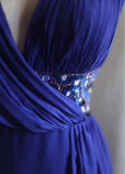 Ndyad Blue A-Line Halter Chiffon Satin Long Prom Dress V-neck Beaded Birthday Party Dress HZ1024