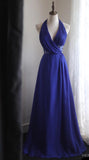 Ndyad Blue A-Line Halter Chiffon Satin Long Prom Dress V-neck Beaded Birthday Party Dress HZ1024