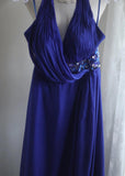 Ndyad Blue A-Line Halter Chiffon Satin Long Prom Dress V-neck Beaded Birthday Party Dress HZ1024