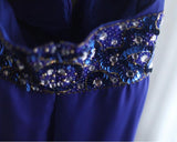Ndyad Blue A-Line Halter Chiffon Satin Long Prom Dress V-neck Beaded Birthday Party Dress HZ1024