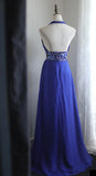 Ndyad Blue A-Line Halter Chiffon Satin Long Prom Dress V-neck Beaded Birthday Party Dress HZ1024