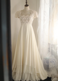 Ndyad Square Neck Chiffon Lace Empire Dress Long Prom Dress Beaded Wedding Dress HZ1024