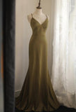Ndyad V-Neck Satin Long Prom Dress Elegant Spaghetti Strap Formal Dress HZ1024