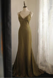 Ndyad V-Neck Satin Long Prom Dress Elegant Spaghetti Strap Formal Dress HZ1024