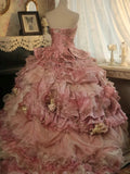 Ndyad Pink Strapless Satin Tulle Sequin Beaded Diamond Long Ball Gown HZ1024