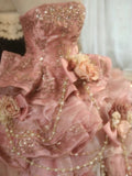 Ndyad Pink Strapless Satin Tulle Sequin Beaded Diamond Long Ball Gown HZ1024