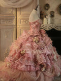 Ndyad Pink Strapless Satin Tulle Sequin Beaded Diamond Long Ball Gown HZ1024