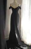 Ndyad Black Mermaid Spaghetti Strap Satin Diamond Long Prom Dress Simple Evening Dress HZ1024