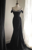 Ndyad Black Mermaid Spaghetti Strap Satin Diamond Long Prom Dress Simple Evening Dress HZ1024