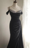 Ndyad Black Mermaid Spaghetti Strap Satin Diamond Long Prom Dress Simple Evening Dress HZ1024