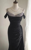 Ndyad Black Mermaid Spaghetti Strap Satin Diamond Long Prom Dress Simple Evening Dress HZ1024