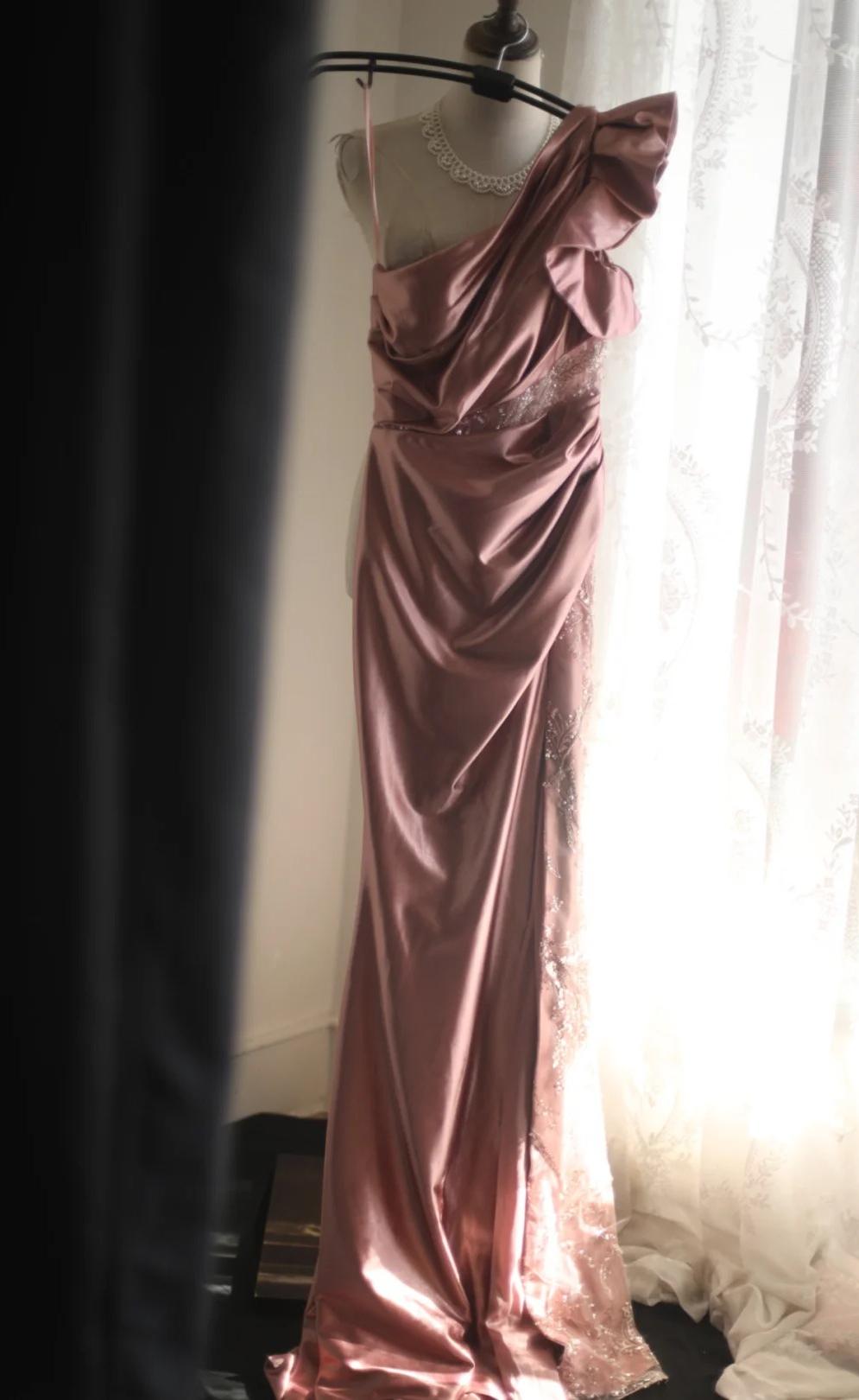 Ndyad Mermaid One Shoulder Satin Beaded Sequin Long Prom Dress Bridalmaid Dress HZ1024