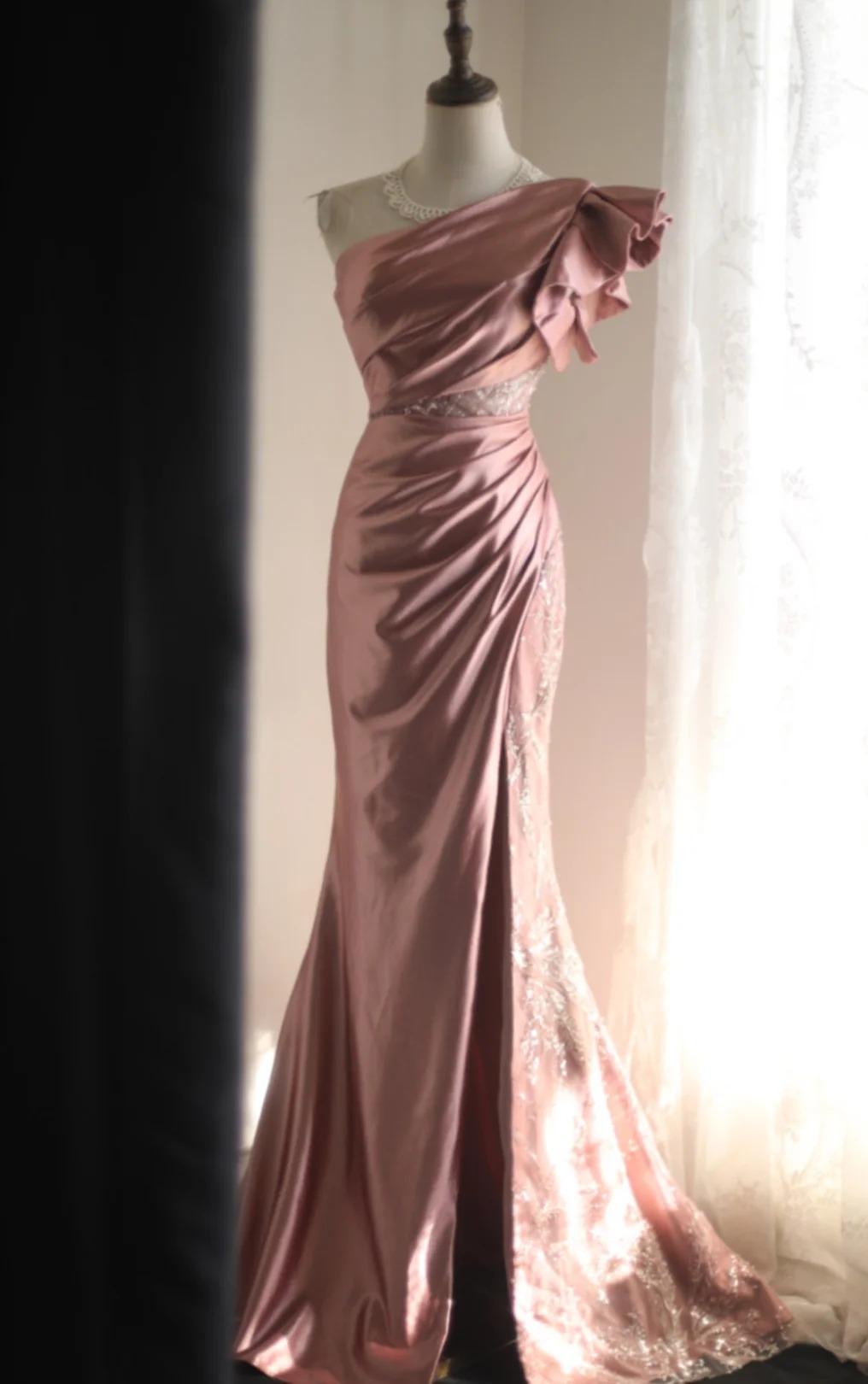 Ndyad Mermaid One Shoulder Satin Beaded Sequin Long Prom Dress Bridalmaid Dress HZ1024
