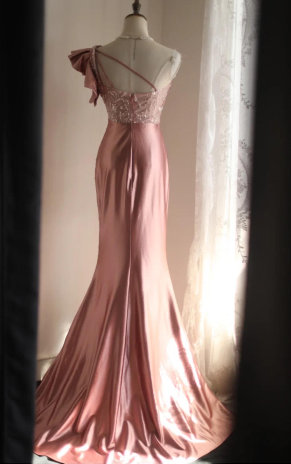 Ndyad Mermaid One Shoulder Satin Beaded Sequin Long Prom Dress Bridalmaid Dress HZ1024