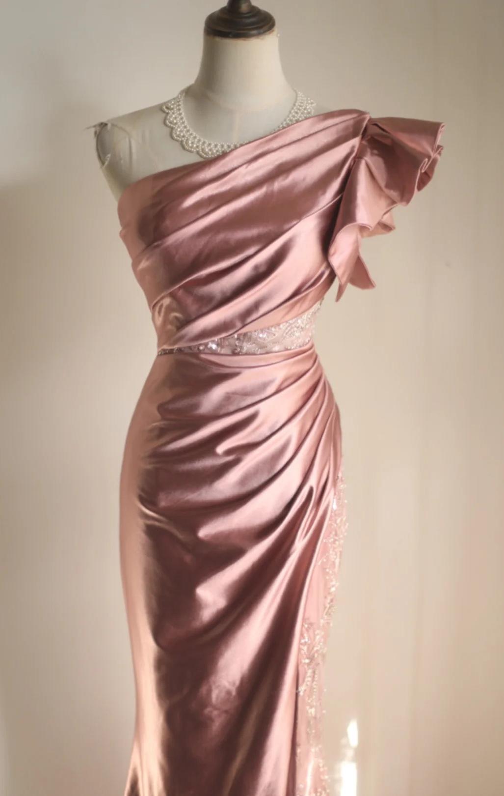 Ndyad Mermaid One Shoulder Satin Beaded Sequin Long Prom Dress Bridalmaid Dress HZ1024