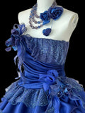 Ndyad A-Line Strapless Satin Tulle Long Ball Dress Klein Blue 3D Applique Evening Dress HZ1024