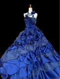 Ndyad A-Line Strapless Satin Tulle Long Ball Dress Klein Blue 3D Applique Evening Dress HZ1024