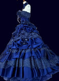 Ndyad A-Line Strapless Satin Tulle Long Ball Dress Klein Blue 3D Applique Evening Dress HZ1024
