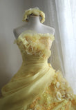 Evafashion Yellow A-Line Strapless Organza Wedding Dress with Appliques and Rhinestones Long Evening Gown HZ1024