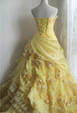 Evafashion Yellow A-Line Strapless Organza Wedding Dress with Appliques and Rhinestones Long Evening Gown HZ1024