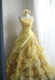 Evafashion Yellow A-Line Strapless Organza Wedding Dress with Appliques and Rhinestones Long Evening Gown HZ1024