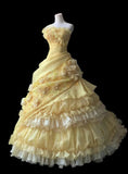 Evafashion Yellow A-Line Strapless Organza Wedding Dress with Appliques and Rhinestones Long Evening Gown HZ1024