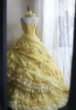 Evafashion Yellow A-Line Strapless Organza Wedding Dress with Appliques and Rhinestones Long Evening Gown HZ1024