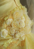 Evafashion Yellow A-Line Strapless Organza Wedding Dress with Appliques and Rhinestones Long Evening Gown HZ1024