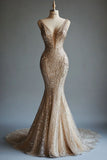 Ndyad Mermaid Deep V Neck Tulle Sequin Beaded Long Prom Dress Sexy Evening Dress HZ1024