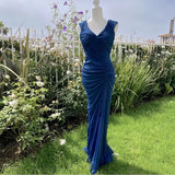 Ndyad Midnight Blue Mermaid Gown ??V Neck Pretty Prom Dress for Events&Party HZ1024