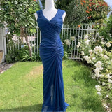 Ndyad Midnight Blue Mermaid Gown ??V Neck Pretty Prom Dress for Events&Party HZ1024