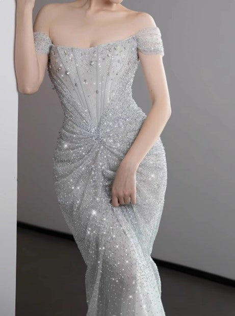 Ndyad Gown?? Off The Shoulder Tulle Sequins Long Prom Dress for Formal Events &Quinceanera HZ1024