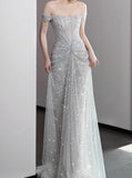 Ndyad Gown?? Off The Shoulder Tulle Sequins Long Prom Dress for Formal Events &Quinceanera HZ1024