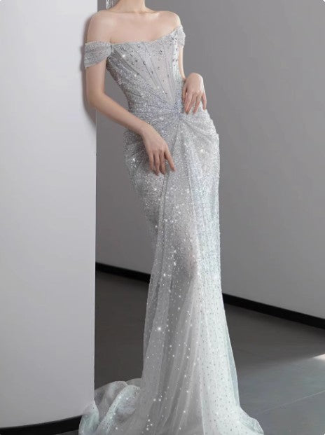 Ndyad Gown?? Off The Shoulder Tulle Sequins Long Prom Dress for Formal Events &Quinceanera HZ1024