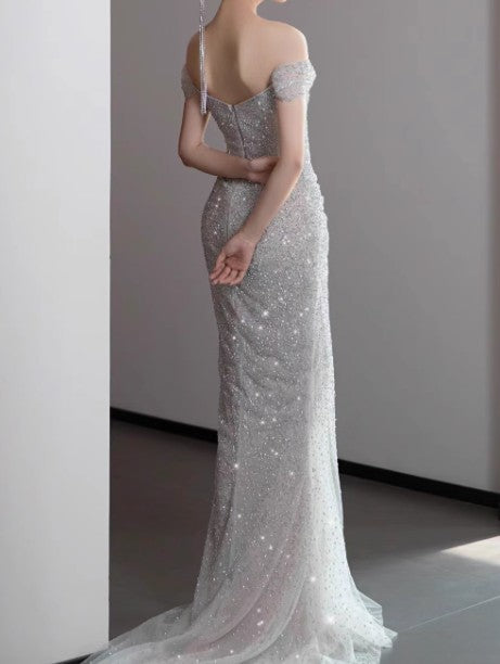 Ndyad Gown?? Off The Shoulder Tulle Sequins Long Prom Dress for Formal Events &Quinceanera HZ1024