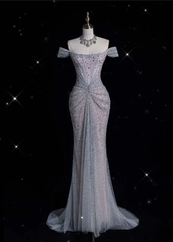 Ndyad Gown?? Off The Shoulder Tulle Sequins Long Prom Dress for Formal Events &Quinceanera HZ1024