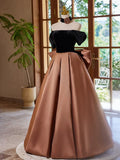 Evafashion Off Shouder Satin Brown Long Prom Dress, Brown Long Formal Dress HZ1024