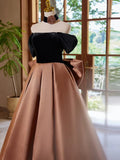 Evafashion Off Shouder Satin Brown Long Prom Dress, Brown Long Formal Dress HZ1024